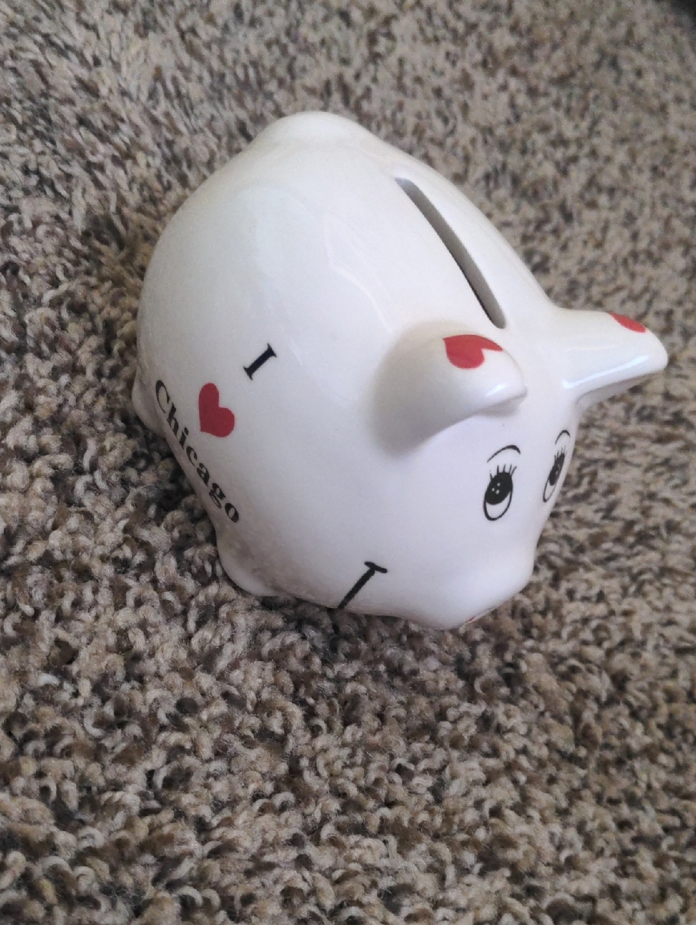 White Ceramic Piggy Bank with Red Heart Accents I Love Chicago